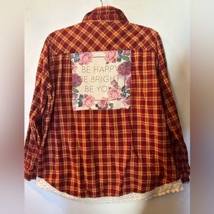 Be Happy, Be Bright, Be You, tshirt Repurposed Plaid Shirt w Crochet Edging XL